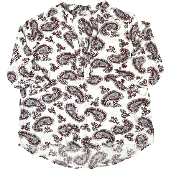 Antilia Femme size large cream red blue paisley 3/4 sleeve top deep Vneck EUC - Picture 1 of 13